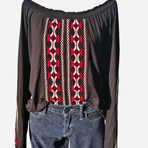 INC International Black off the shoulder top with red and white embroidery